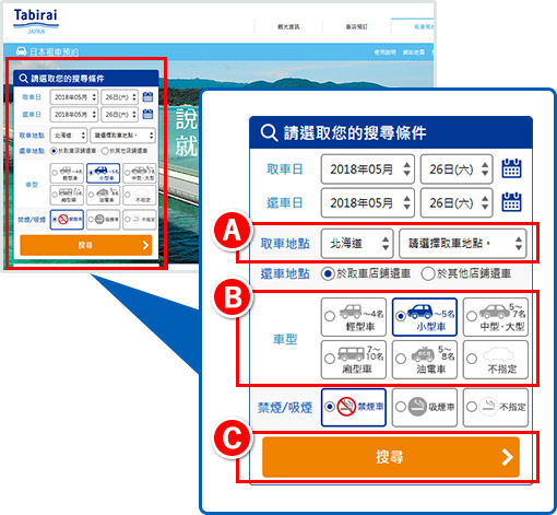 搜尋：選擇租車條件，並在一覽表中比較方案。